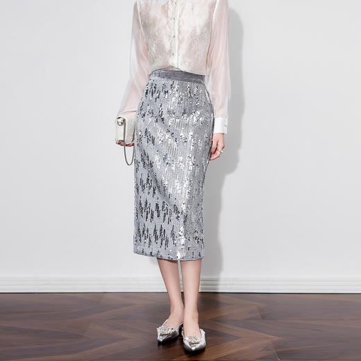 「高货wl」全新升级【铂金会员220/天猫299/差价79】(04253)洛诗琳气质银色亮片半身裙2025秋季新款高腰长款包臀裙 商品图0