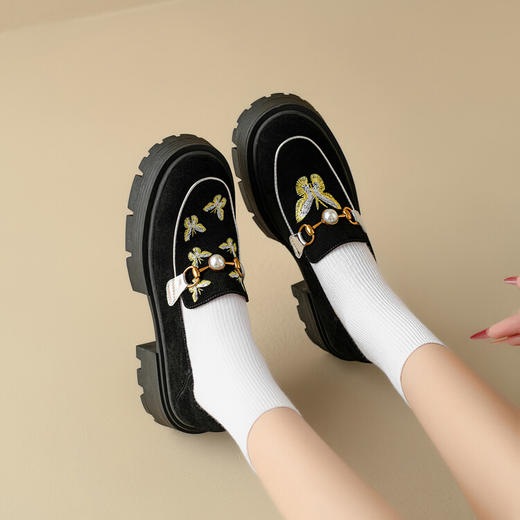 【预售5天】刺绣真皮乐福鞋女法式春秋新款粗跟厚底单鞋增高一脚蹬松糕鞋MLD&A061 商品图2