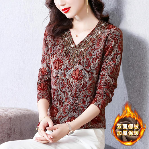 KQL356H6532 2025秋冬新款韩版修身显瘦长袖大码双面德绒印花烫钻打底衫女 商品图0