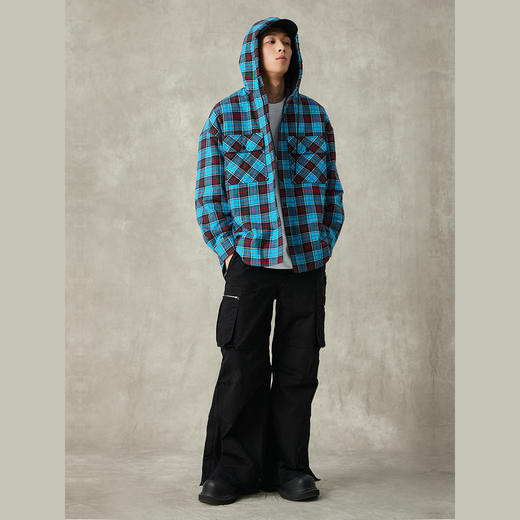 潮牌复古重磅格纹连帽磨毛衬衫加厚抽绳可调节落肩NP37PJ08 J 商品图1