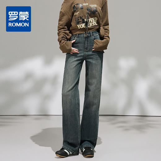 【加绒加厚】罗蒙女士直筒牛仔裤高腰显瘦复古时尚百搭女长裤休闲通勤 商品图0