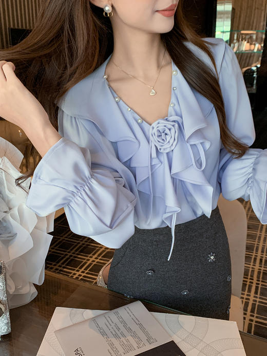张心子【蔷薇美术馆】法式荷叶边缎面雪纺衫衬衫上衣 U2511041 商品图1