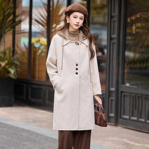 HR1231高级感连帽双面羊毛大衣2025秋冬新款长款气质女式毛呢外套 商品图0