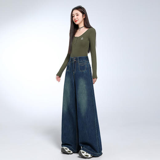 【加绒加厚】罗蒙女士冬款加绒阔腿牛仔裤高腰双排扣直筒显瘦时尚通勤女长裤 商品图3