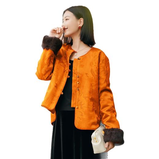 OPH F4660-A红云纱-45姆米桑蚕丝真丝提花棉衣外套拼袖口兔毛 商品图4