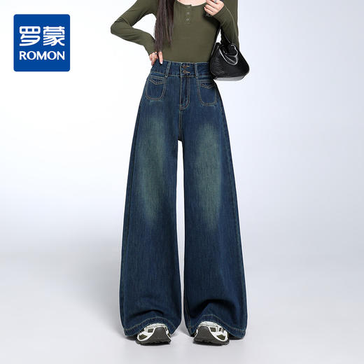 【加绒加厚】罗蒙女士冬款加绒阔腿牛仔裤高腰双排扣直筒显瘦时尚通勤女长裤 商品图0