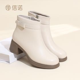 信诺妈妈鞋时尚粗跟短靴女羊皮靴子2025冬季新款加绒保暖棉鞋皮鞋X5M153-229