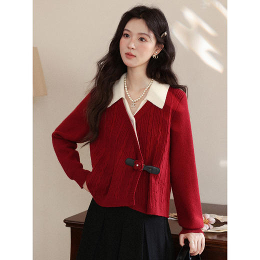 鹿向南「落日海棠」红色假两件拼接设计感毛衣女秋季气质长袖上衣 商品图0