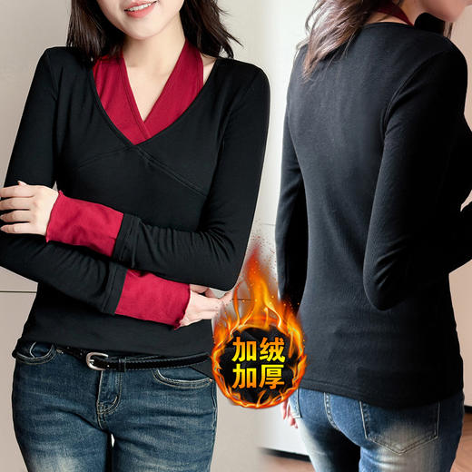 KQL359H8360 2025加厚磨毛拼接新款长袖V领气质上衣洋气t恤女修身打底衫 商品图3