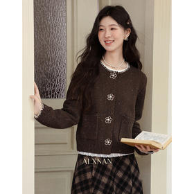 【65折秒杀】鹿向南「山野生花」法式小香风圆领棕色毛衣女秋冬季显瘦打底上衣L59037