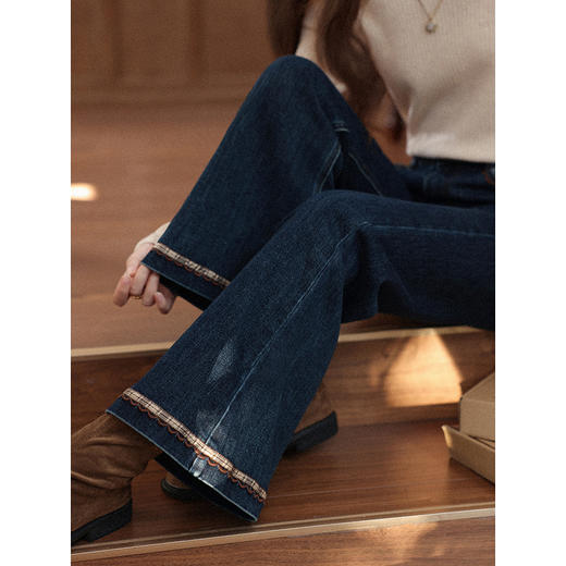 鹿向南「微风情书」复古深蓝色微喇牛仔裤女秋直筒显瘦小个子长裤 商品图2