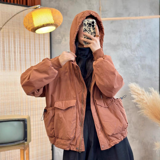 2025冬季新款 复古拼接贴布大口袋做旧棉衣 宽松连帽外搭开衫棉衣 商品图3