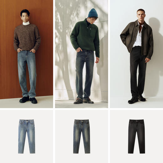 森柔牛仔|森马牛仔裤男猫须复古做旧直筒裤2025冬季新款长裤弹力 商品图4