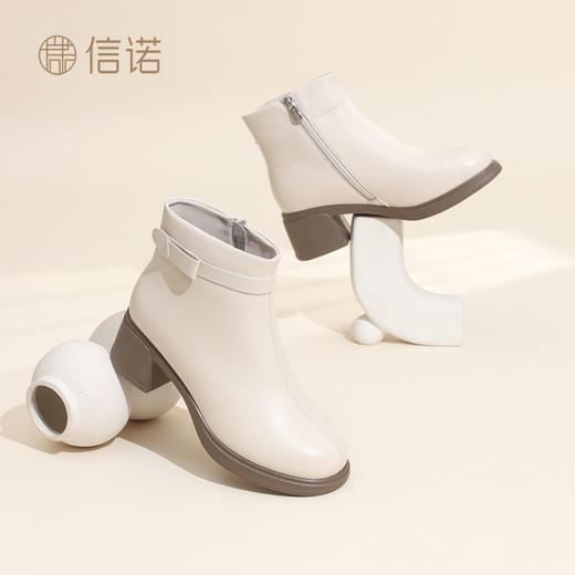 信诺妈妈鞋时尚粗跟短靴女羊皮靴子2025冬季新款加绒保暖棉鞋皮鞋X5M153-229 商品图1