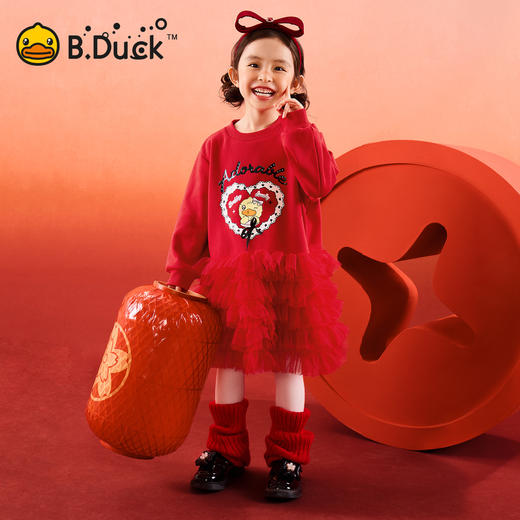 【抗菌加绒】B.Duck小黄鸭童装冬季拜年服网纱裙针织连衣裙105-150码 FF5680022 商品图0