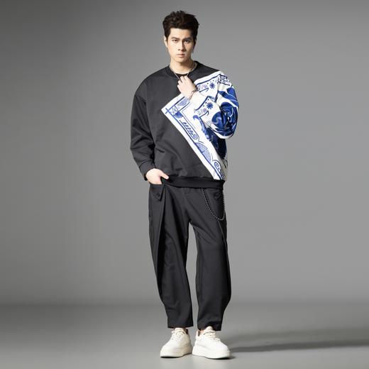 PINLI品立2025秋季新款国潮印花拼接卫衣潮牌宽松休闲套头男上衣B253109054 商品图4