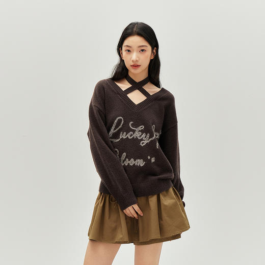 森马毛衣女冬季V领挂脖宽松刺绣蝴蝶结2025新款盐甜系设计感上衣 商品图2