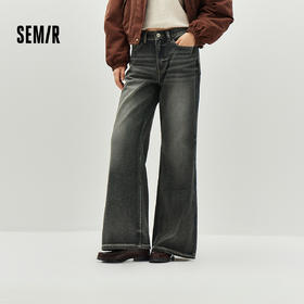 森马牛仔裤女冬腰带抓绒宽松喇叭裤做旧2025新款高街港风街头长裤