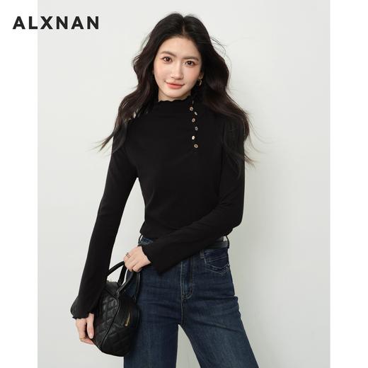 鹿向南「黑松绵绵」设计感黑色长袖t恤女秋修身半高领打底衫上衣 商品图1