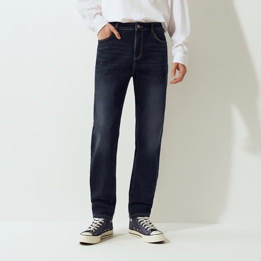 森柔|森马牛仔裤男冬季加绒弹力锥形裤2025新款猫须复古做旧长裤 商品图1