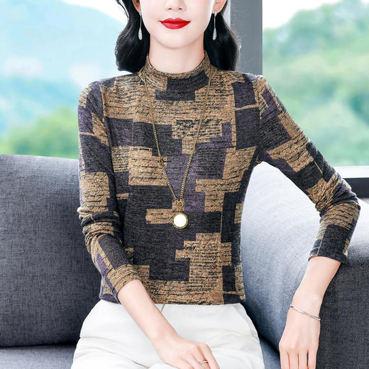 KQL 644G9240半高领长袖印花T恤上衣洋气修身显瘦小衫 商品图2