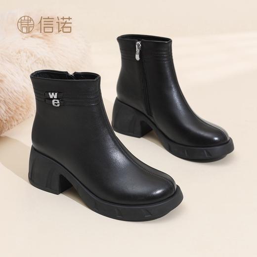 信诺妈妈鞋粗跟女士短靴加绒真皮棉鞋2025冬季新款高跟鞋时装靴子X5M150-227 商品图0