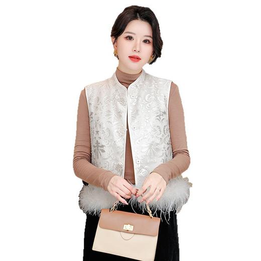 新中式刺绣马甲背心女名媛风鸵鸟毛边拼接夹棉国风马夹上衣 商品图4