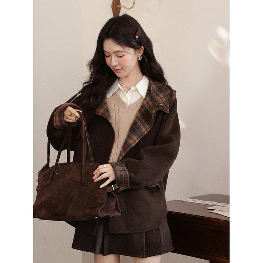 鹿向南「旧时光影」深咖色格纹复古风2025秋冬新款宽松连帽外套女 商品图3