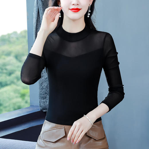 KQL 644G9247高弹网纱半高领打底衫显瘦洋气上衣小衫 商品图2