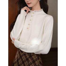 鹿向南「法式织语」浅杏色针织衫秋冬法式气质珍珠扣立领上衣女士