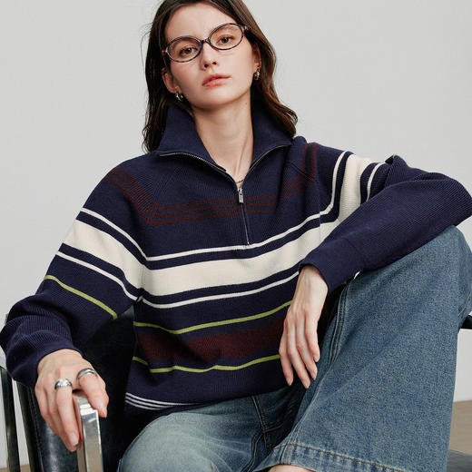 初语 女新款针织衫 时髦运动风条纹宽松拉链领长袖上衣 商品图2