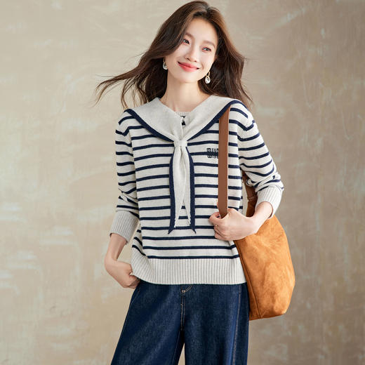 海军领条纹针织衫，慵懒风蝴蝶结长袖上衣显瘦毛衣打底衫CC-XFY-3201 商品图0