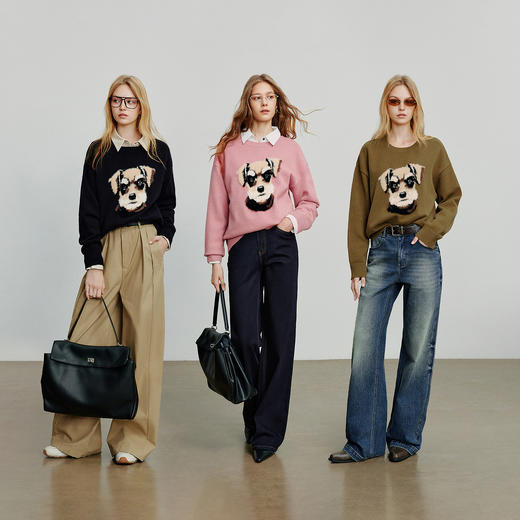 初语针织衫女新款减龄童趣毛绒狗头毛织保暖复古上衣 商品图4