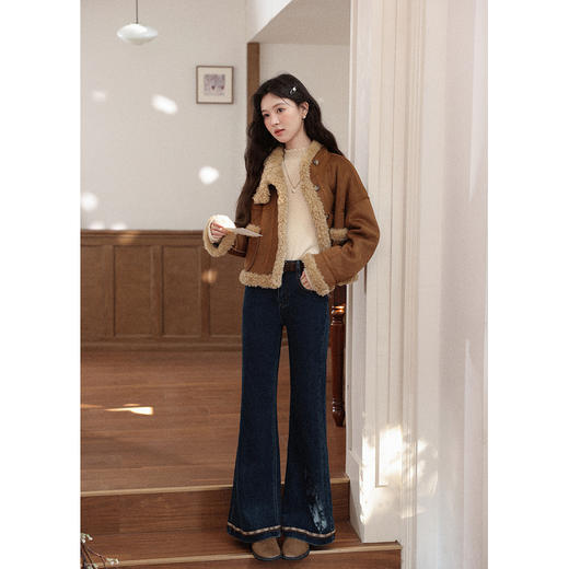 鹿向南「微风情书」复古深蓝色微喇牛仔裤女秋直筒显瘦小个子长裤 商品图1