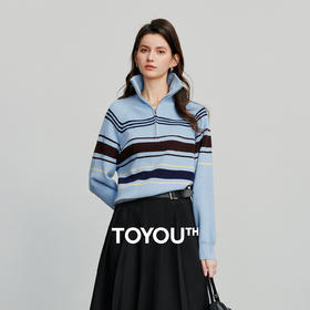 初语针织衫女新款时髦运动风条纹宽松拉链领毛织上衣