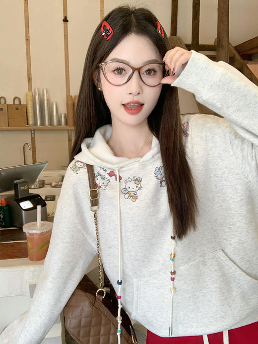 【179元任选2件】现货！灰色猫咪印花套头连帽卫衣 商品图12