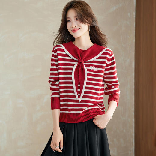 海军领条纹针织衫，慵懒风蝴蝶结长袖上衣显瘦毛衣打底衫CC-XFY-3201 商品图2