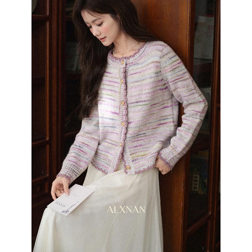 鹿向南「缎带情书」小香风条纹紫色圆领针织毛衣女秋季巨显瘦上衣L59007 商品图2