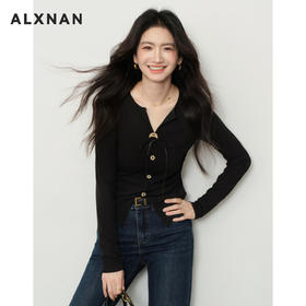 鹿向南「半岛弥香」黑色长袖修身T恤秋季新款时尚V领女款修身上衣