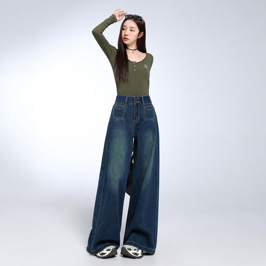 【加绒加厚】罗蒙女士冬款加绒阔腿牛仔裤高腰双排扣直筒显瘦时尚通勤女长裤 商品图2