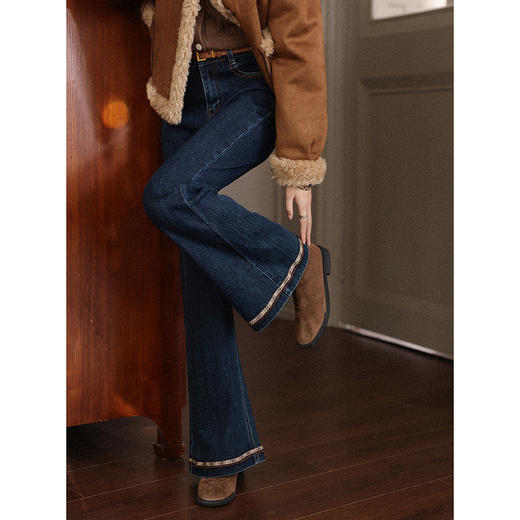 鹿向南「微风情书」复古深蓝色微喇牛仔裤女秋直筒显瘦小个子长裤 商品图3