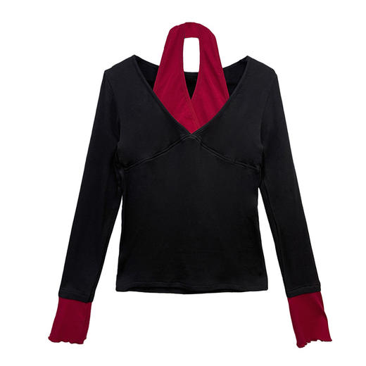 KQL359H8360 2025加厚磨毛拼接新款长袖V领气质上衣洋气t恤女修身打底衫 商品图4