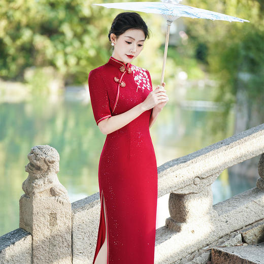 红色走秀旗袍2025舞台演出表演走秀礼仪主持人婚纱礼服旗袍秋季款 商品图2