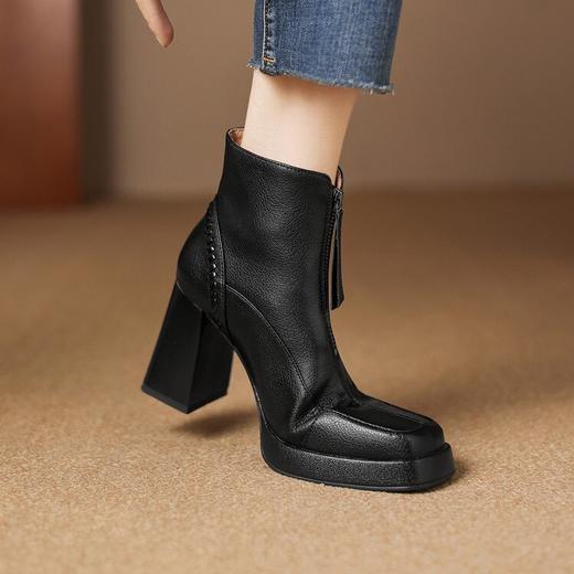 【预售5天】前拉链厚底超高跟短靴女秋冬真皮方头加绒马丁靴百搭瘦瘦靴ASN&3097 商品图3