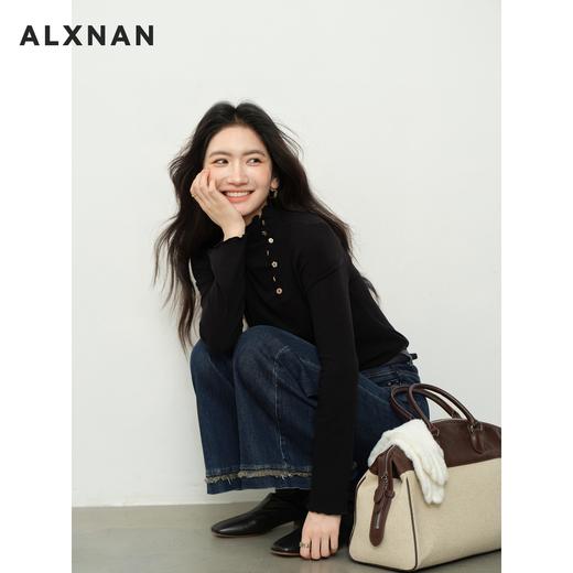 鹿向南「黑松绵绵」设计感黑色长袖t恤女秋修身半高领打底衫上衣 商品图4