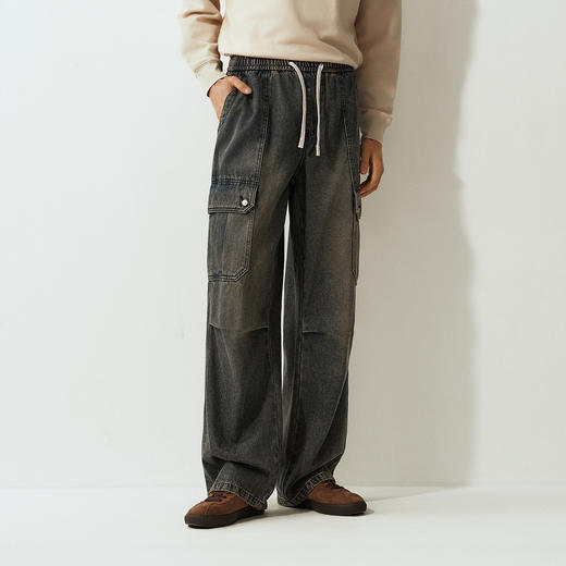 森马牛仔裤男宽松阔腿工装裤美式复古做旧大口袋2025冬季新款长裤 商品图1