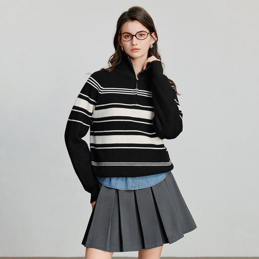 初语 女新款针织衫 时髦运动风条纹宽松拉链领长袖上衣 商品图1