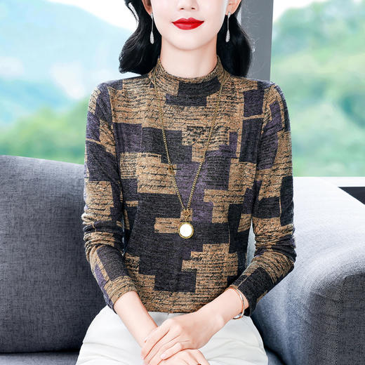 KQL 644G9240半高领长袖印花T恤上衣洋气修身显瘦小衫 商品图3