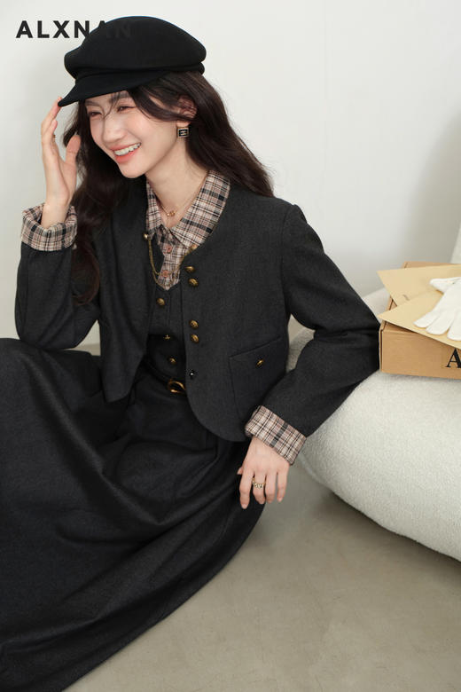 鹿向南「半岛迷香」灰色短外套假两件衬衫连衣裙女秋季显瘦两件套 商品图5