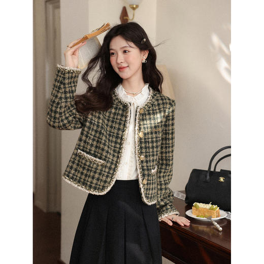 鹿向南「复古格调」复古气质小香风绿色格纹短外套女秋季显瘦上衣L59015 商品图1